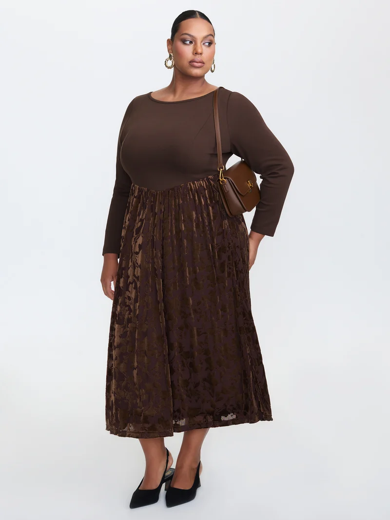 Velvety Feel Spliced Round Neck Midi Dress