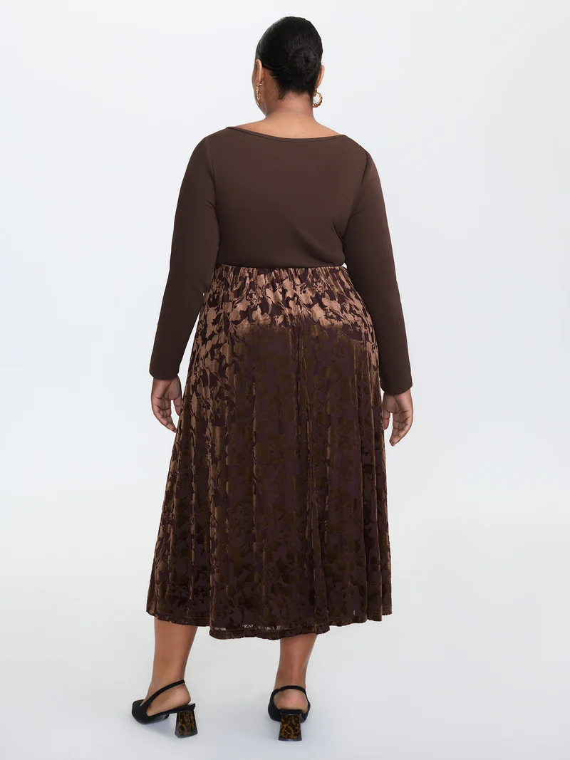 Velvety Feel Spliced Round Neck Midi Dress