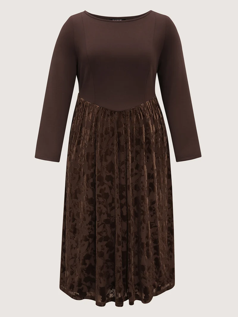 Velvety Feel Spliced Round Neck Midi Dress