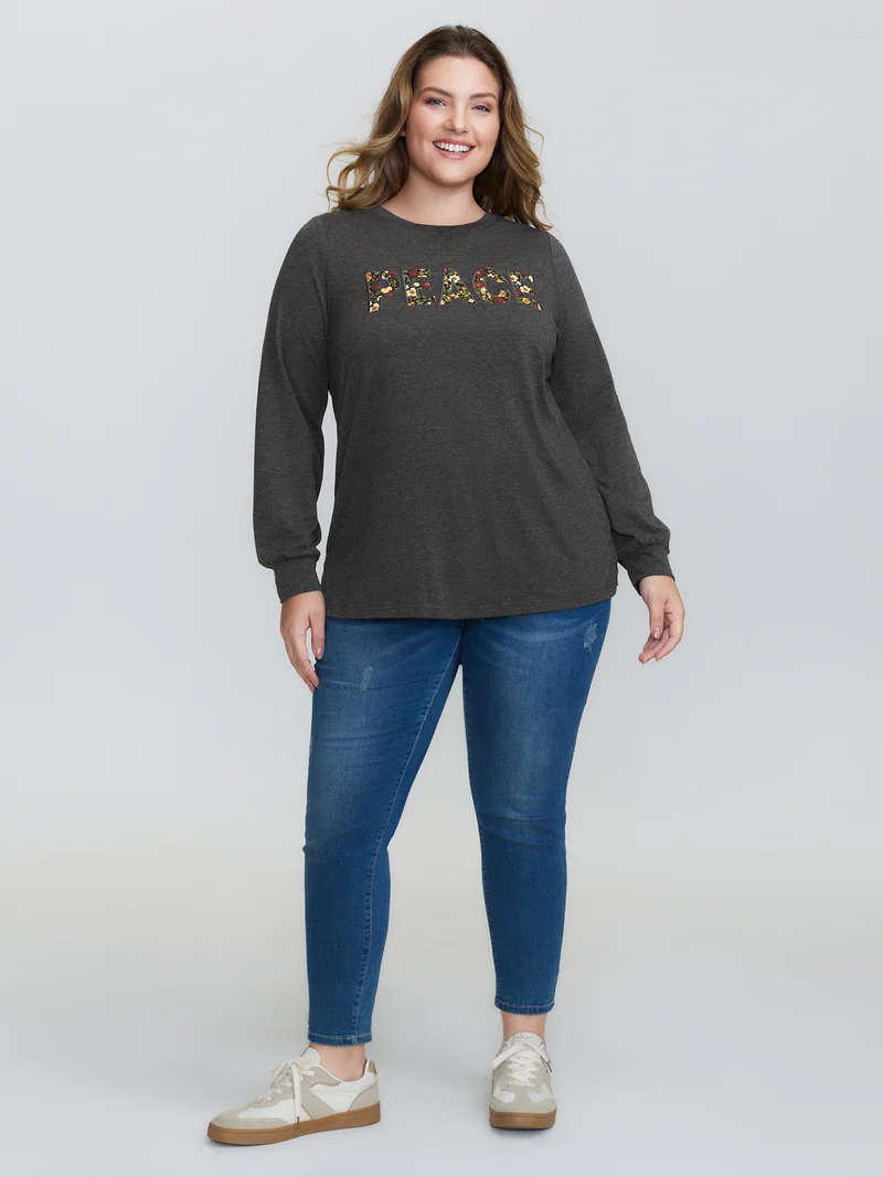Floral Applique Embroidery Stretchy T-Shirt