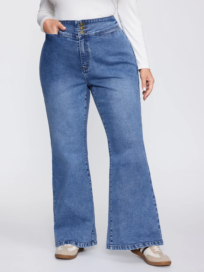 Wide Waistband Buttons Bootcut Jeans