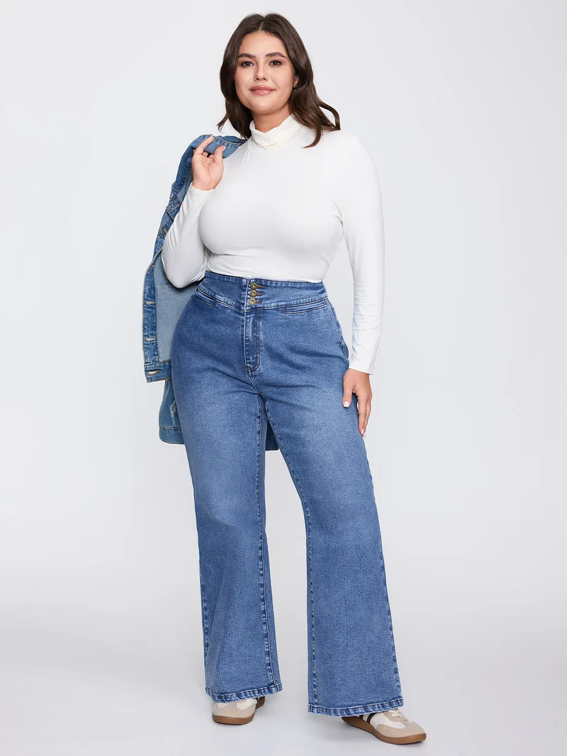 Wide Waistband Buttons Bootcut Jeans