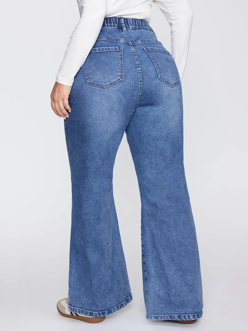 Wide Waistband Buttons Bootcut Jeans