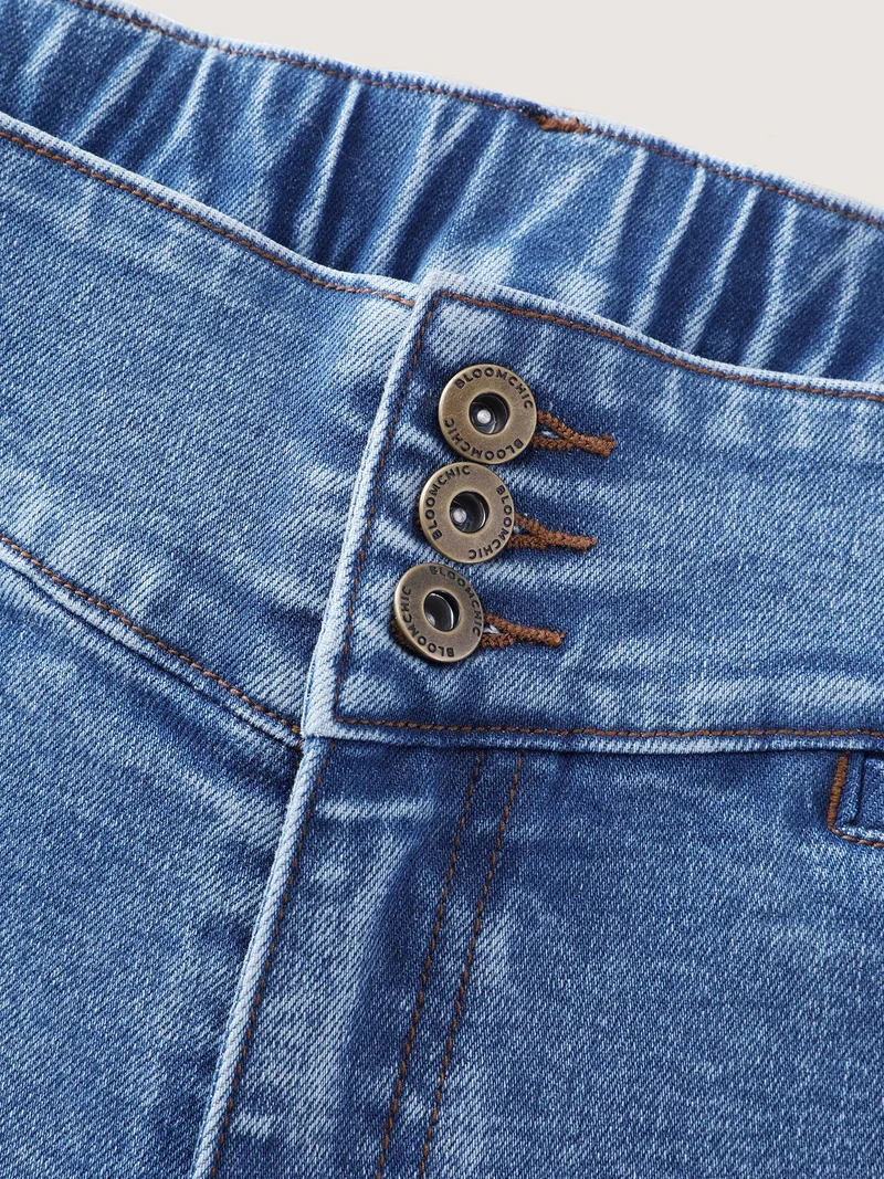 Wide Waistband Buttons Bootcut Jeans