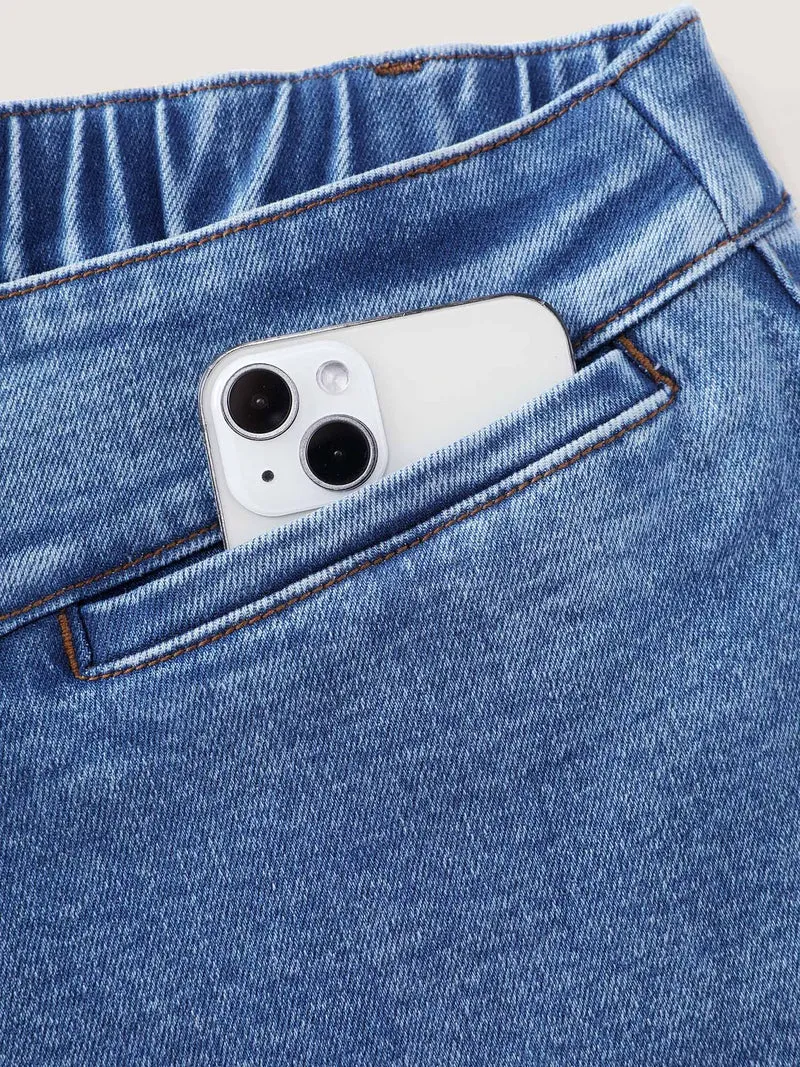 Wide Waistband Buttons Bootcut Jeans