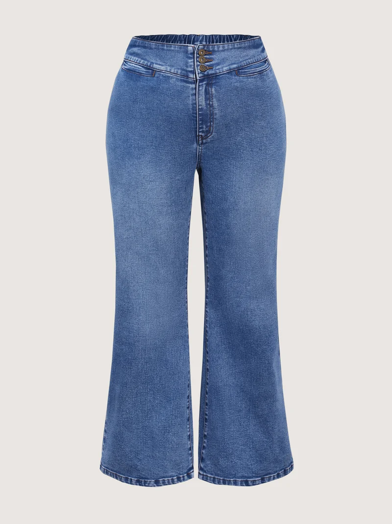 Wide Waistband Buttons Bootcut Jeans