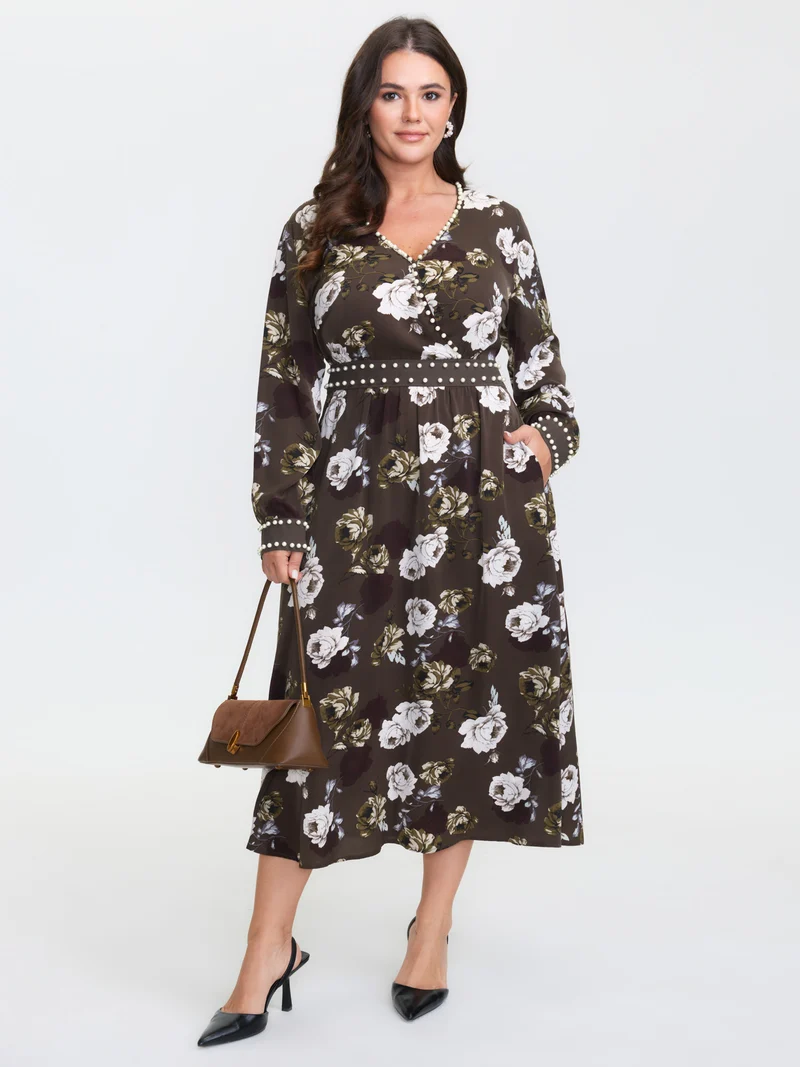 Rosy Print Pearl Detail Cinched-Waist Midi Dress