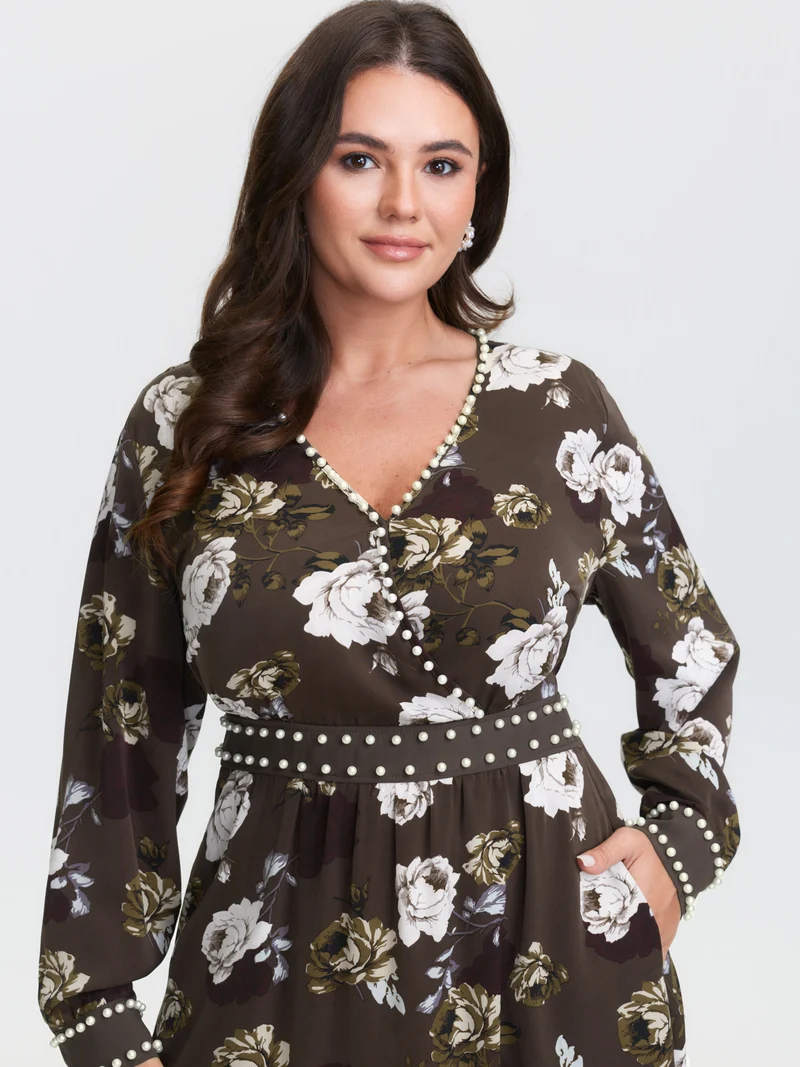 Rosy Print Pearl Detail Cinched-Waist Midi Dress