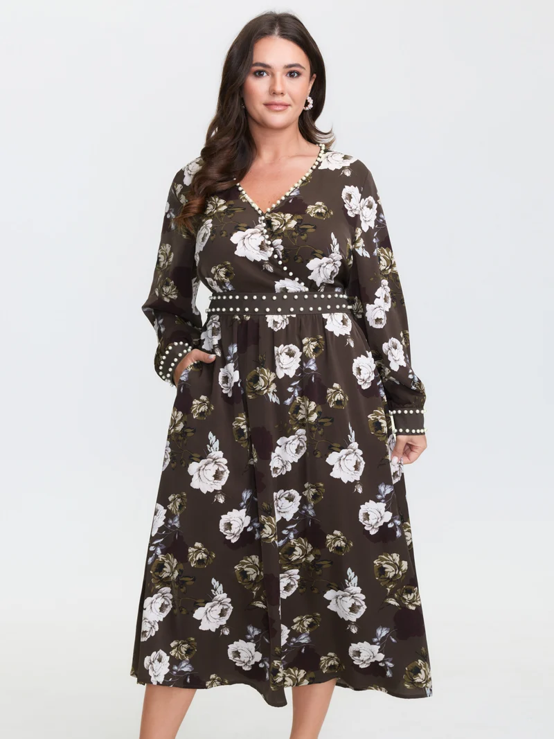 Rosy Print Pearl Detail Cinched-Waist Midi Dress