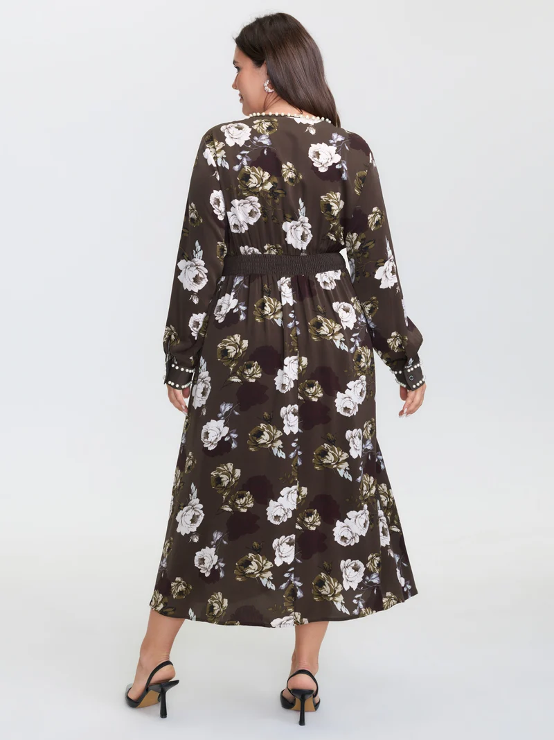 Rosy Print Pearl Detail Cinched-Waist Midi Dress