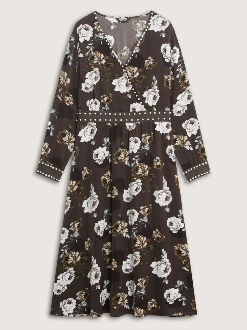 Rosy Print Pearl Detail Cinched-Waist Midi Dress