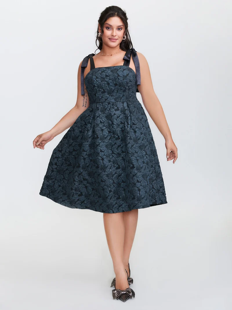 Floral Jacquard Shoulder Tie Midi Dress