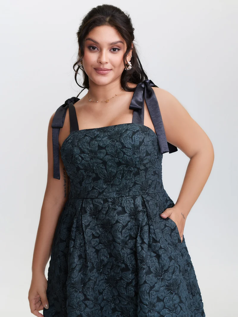 Floral Jacquard Shoulder Tie Midi Dress