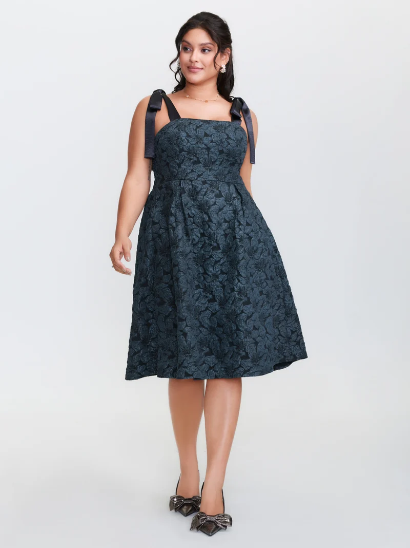 Floral Jacquard Shoulder Tie Midi Dress