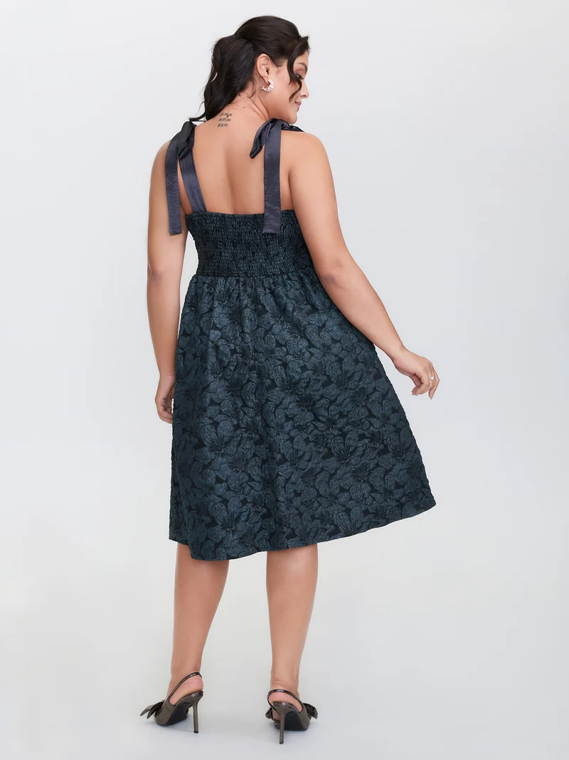 Floral Jacquard Shoulder Tie Midi Dress