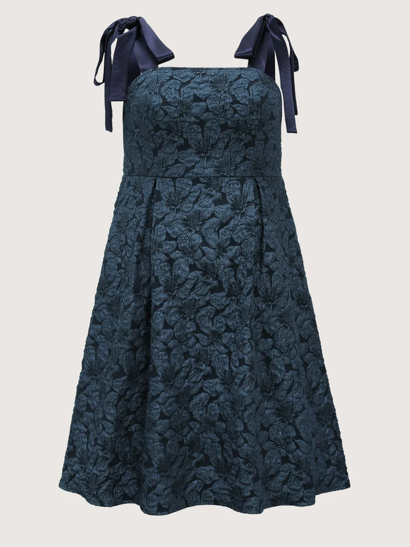 Floral Jacquard Shoulder Tie Midi Dress
