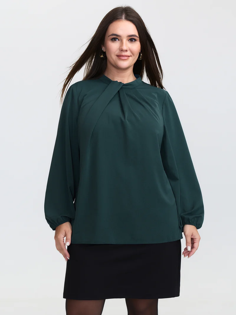 Pleated Mock Neck Long Sleeve Blouse
