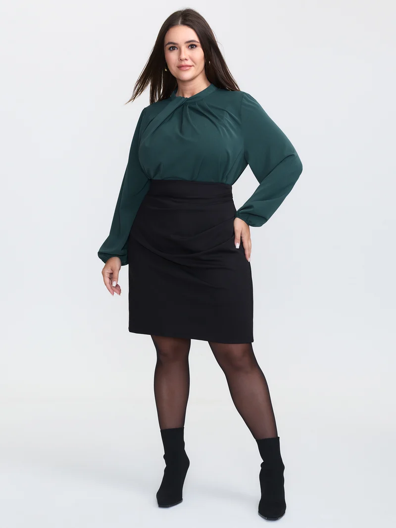 Pleated Mock Neck Long Sleeve Blouse