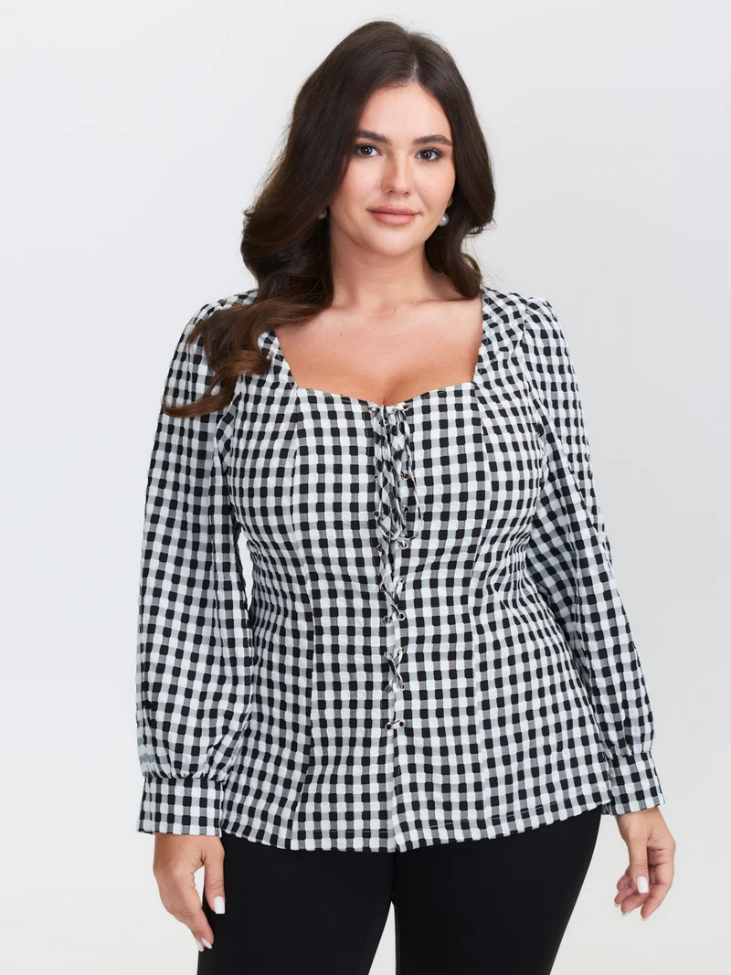 Checkered Crossover Tie Square Neck Blouse