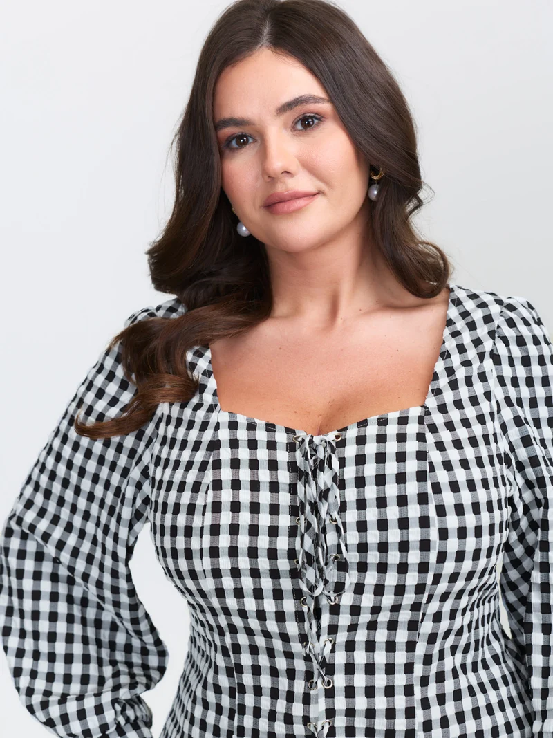 Checkered Crossover Tie Square Neck Blouse