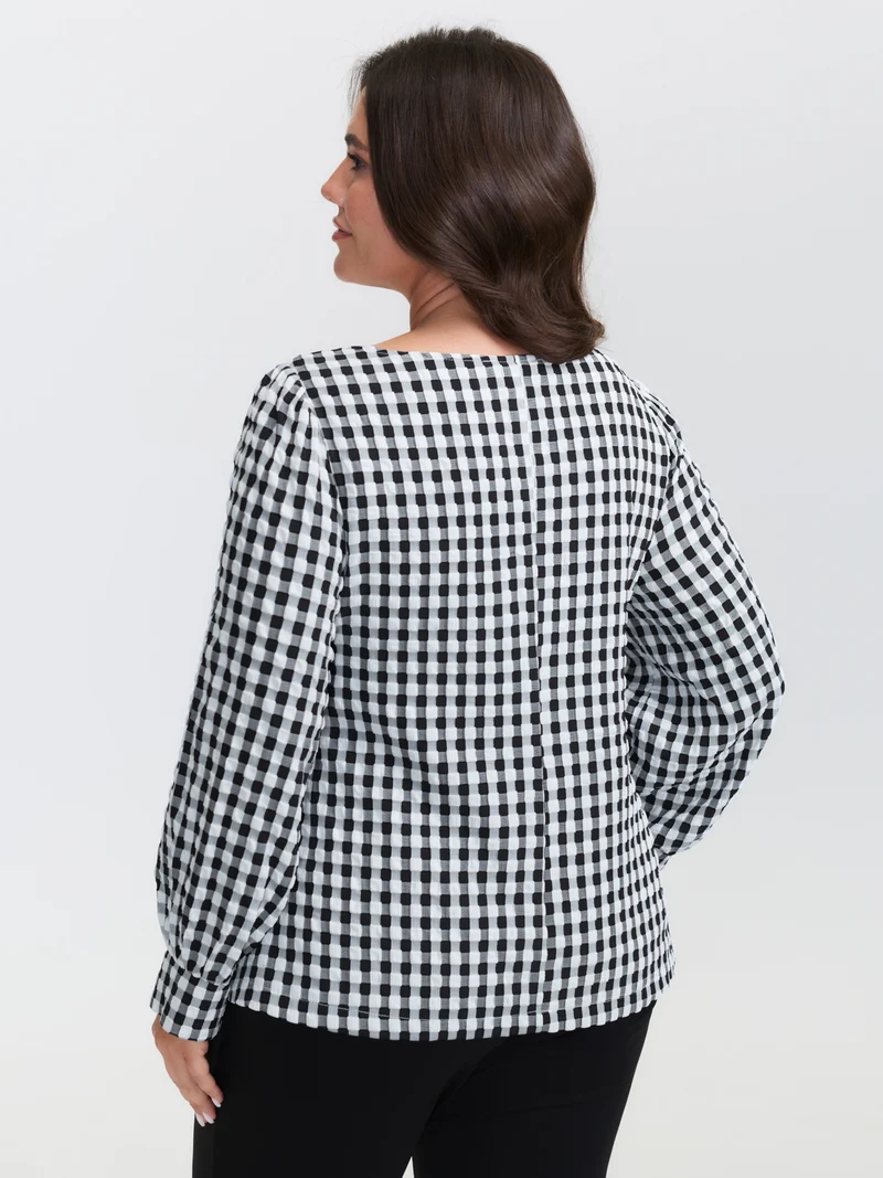 Checkered Crossover Tie Square Neck Blouse