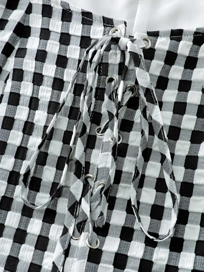 Checkered Crossover Tie Square Neck Blouse