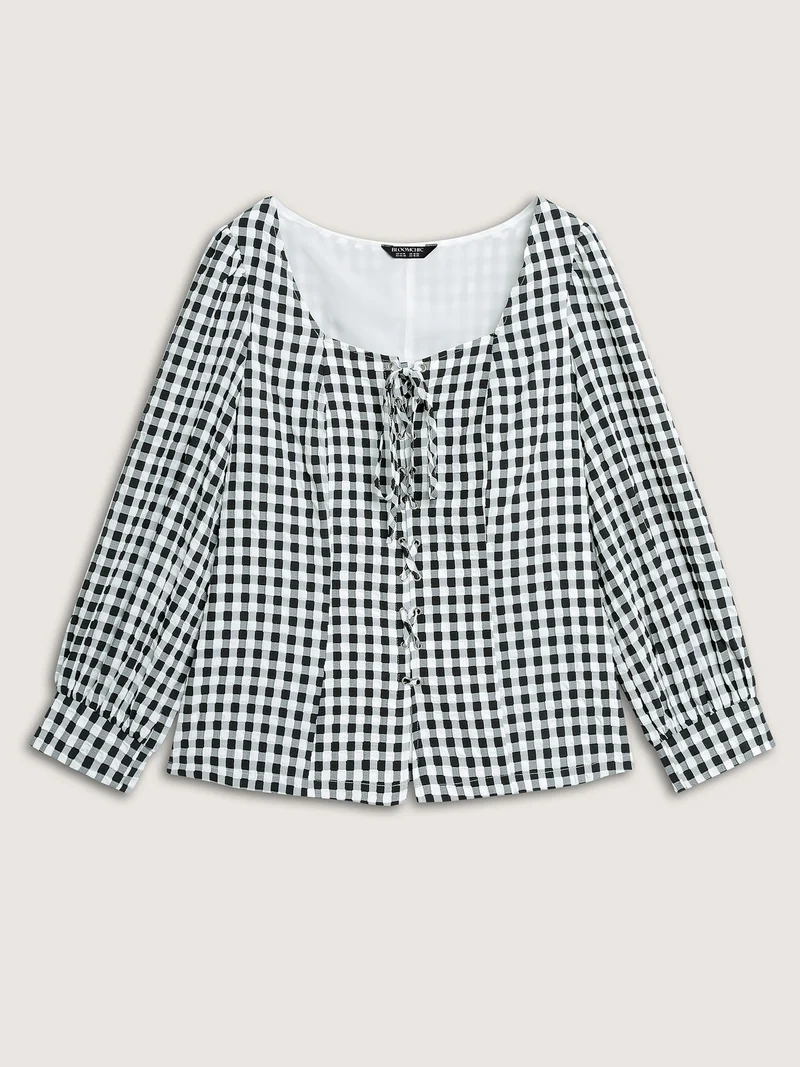 Checkered Crossover Tie Square Neck Blouse