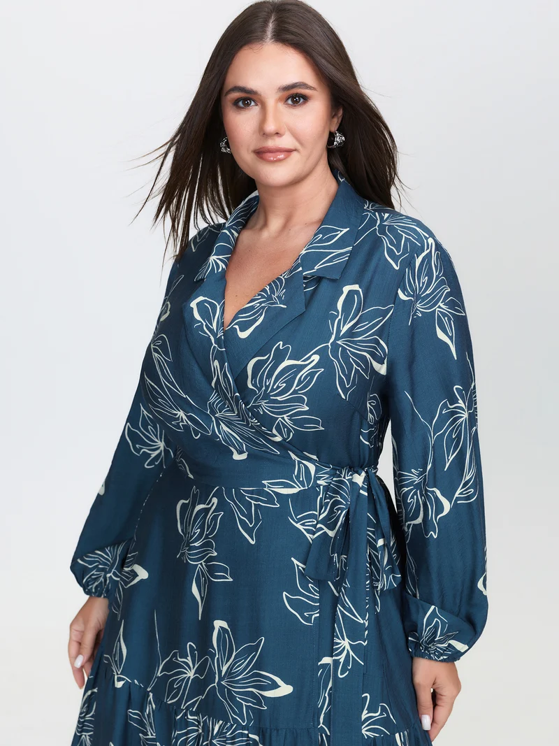 Silhouette Flower Print Wrap Neck Midi Dress