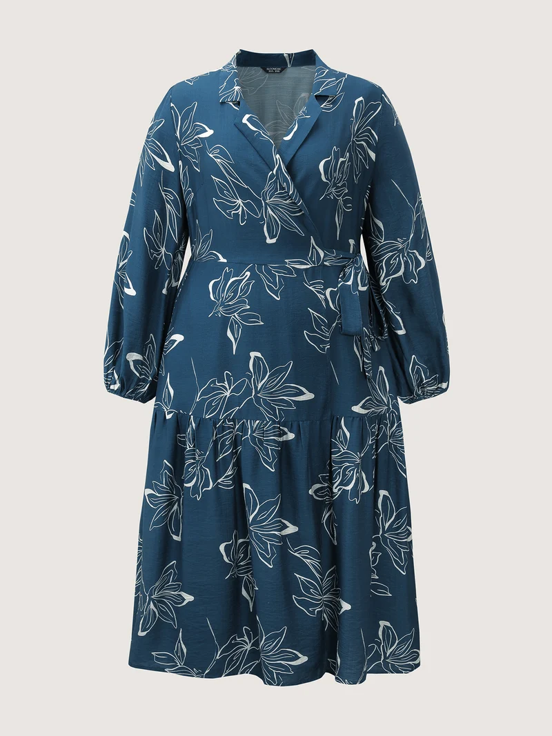 Silhouette Flower Print Wrap Neck Midi Dress