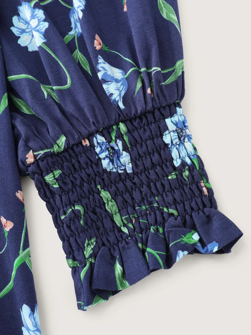 Rayon Floral Print Shirred Collar Blouse