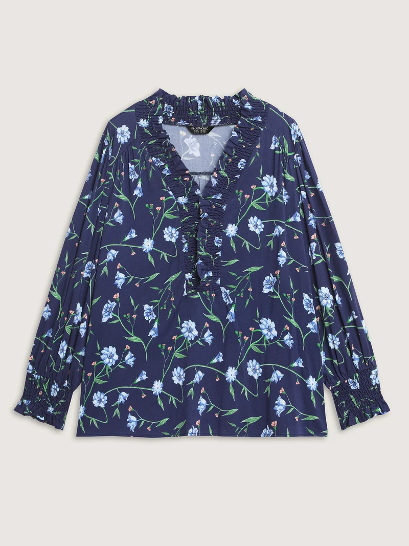 Rayon Floral Print Shirred Collar Blouse