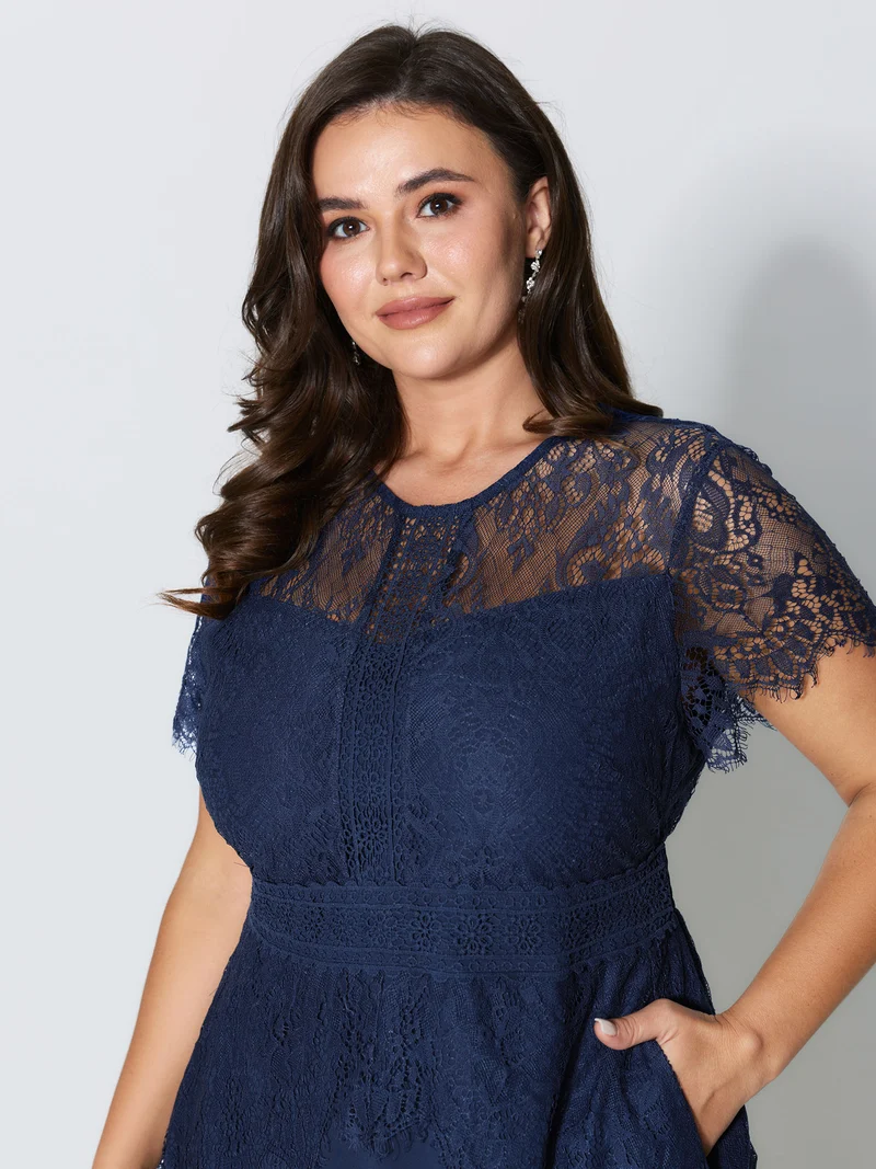 Sheer Lace Neckline Layered Pockets Midi Dress