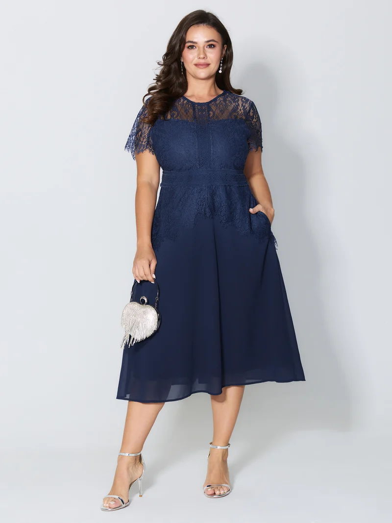 Sheer Lace Neckline Layered Pockets Midi Dress