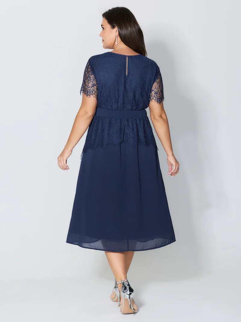 Sheer Lace Neckline Layered Pockets Midi Dress