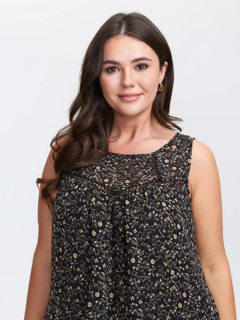 Floral Print Lace Trim Tank Top