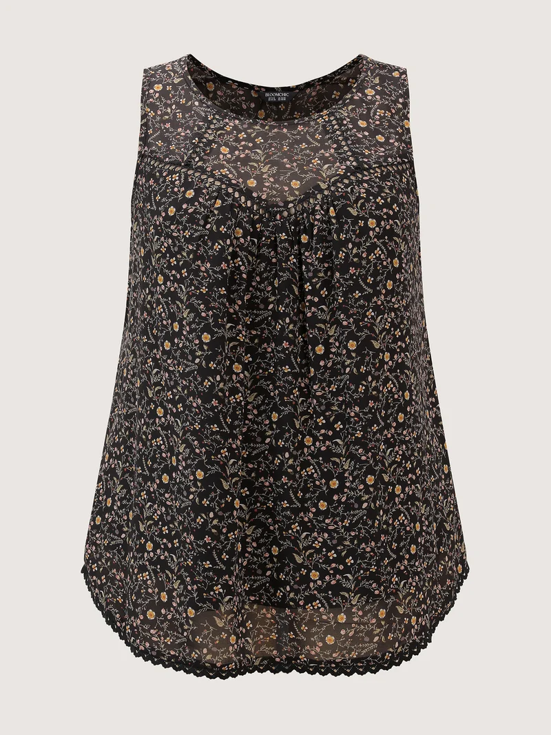 Floral Print Lace Trim Tank Top