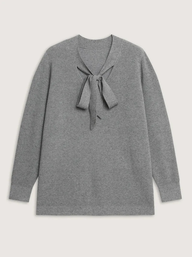 Supersoft Bowknot Neckline Ribbed Cut-Out Pullover