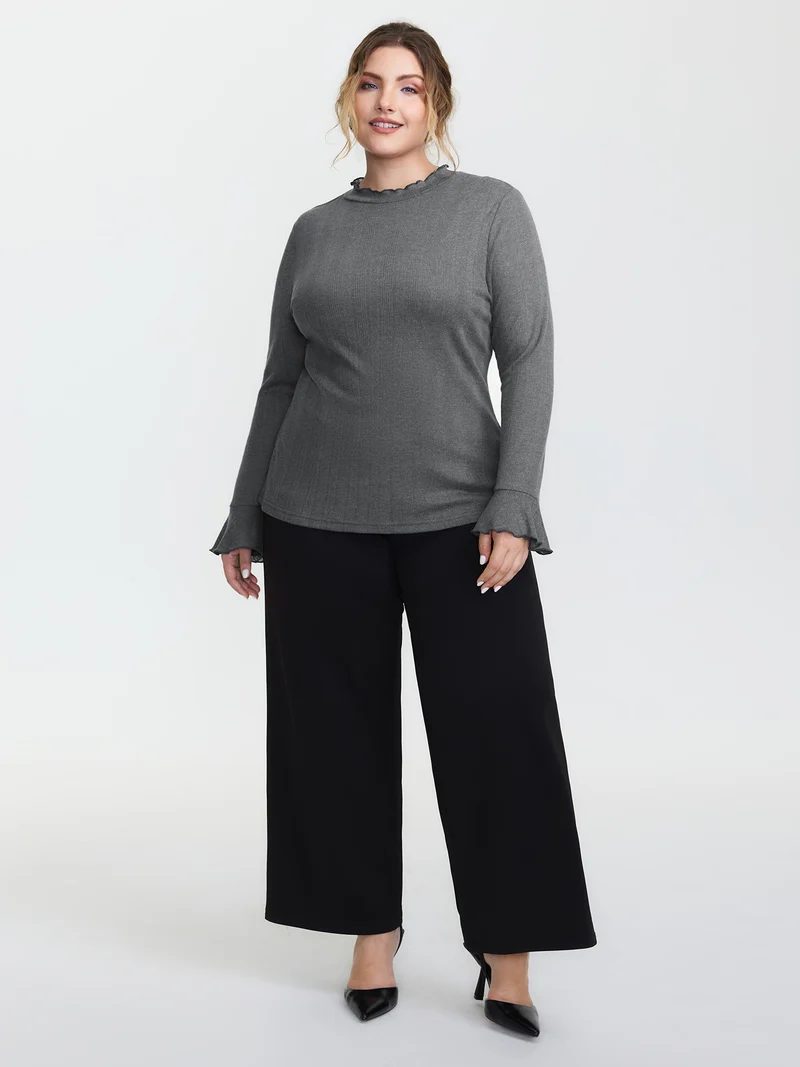 Scalloped Trim High Neck Fitted T-Shirt