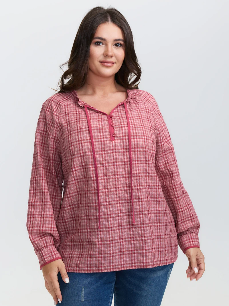 Gingham Print Ruffled Neck-Tie Blouse