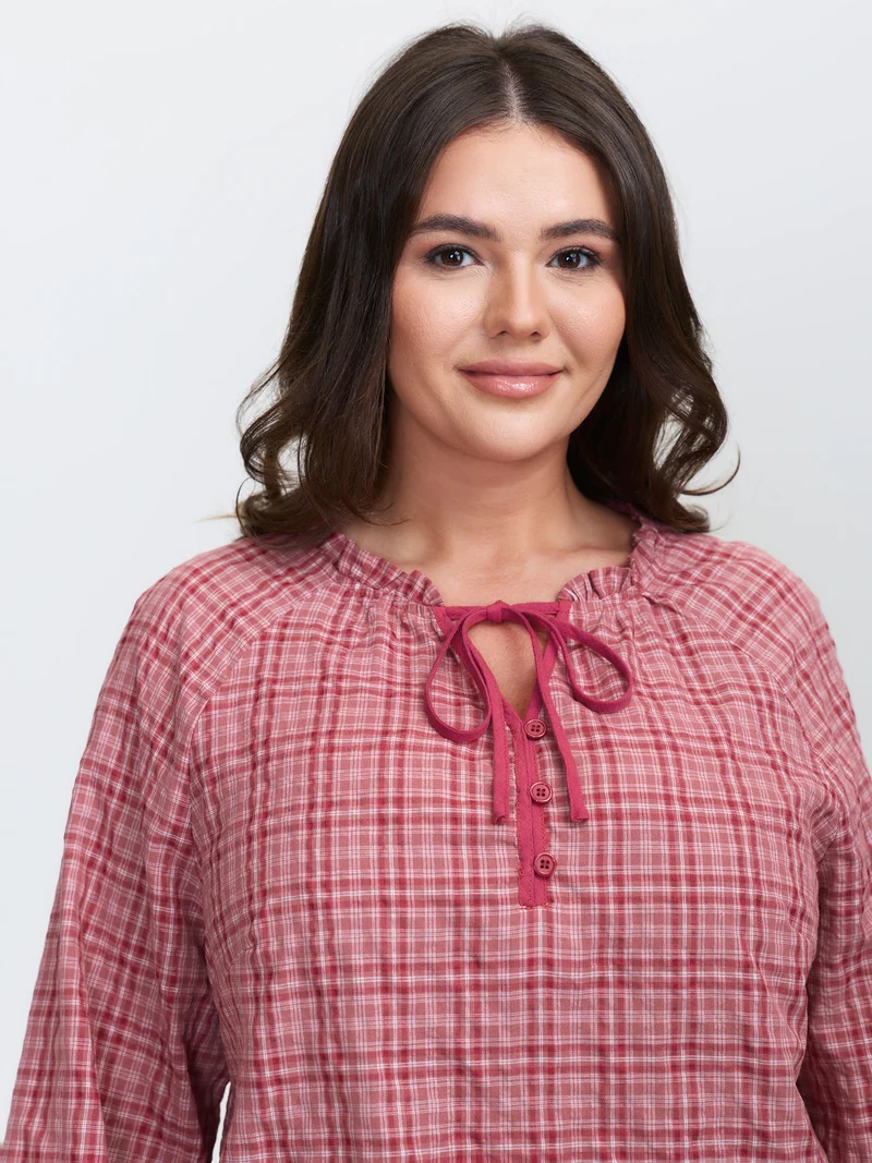 Gingham Print Ruffled Neck-Tie Blouse