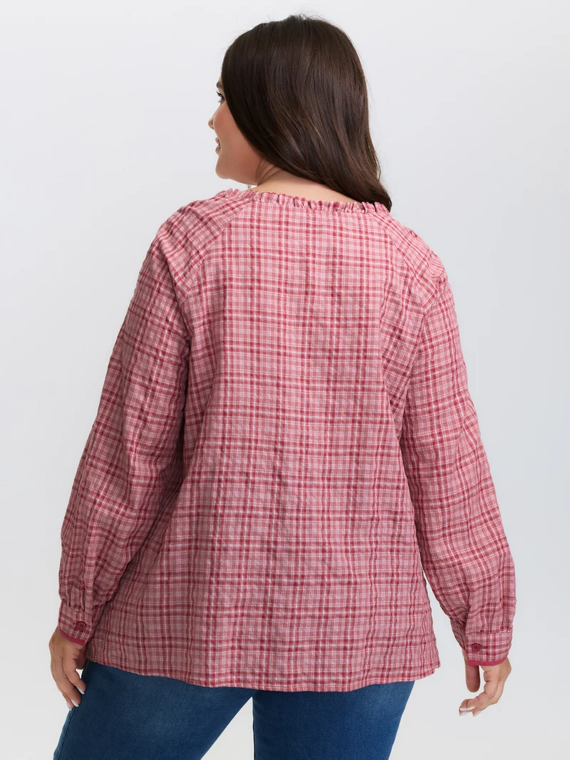 Gingham Print Ruffled Neck-Tie Blouse