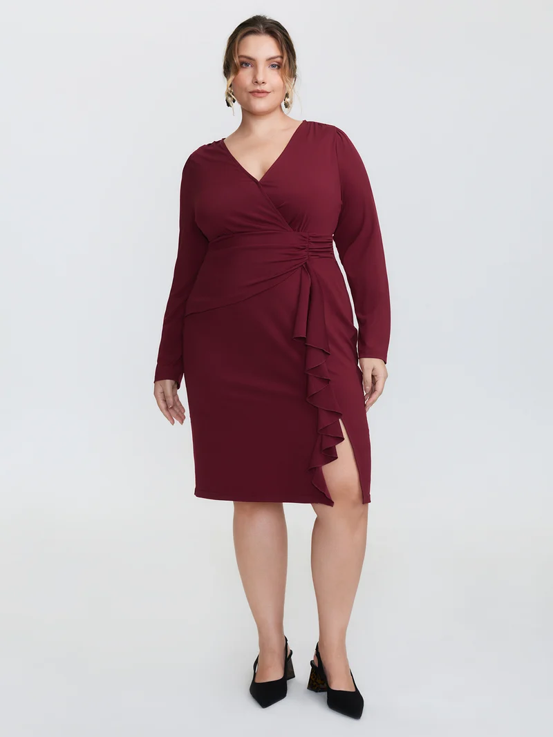 Stretchy Pleated Ruffed Hem Bodycon Fit Midi Dress