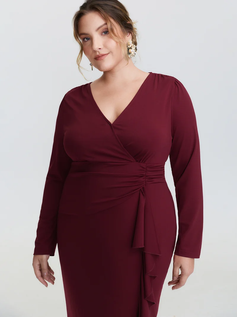 Stretchy Pleated Ruffed Hem Bodycon Fit Midi Dress