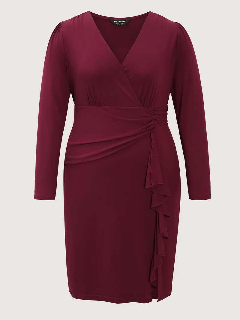 Stretchy Pleated Ruffed Hem Bodycon Fit Midi Dress