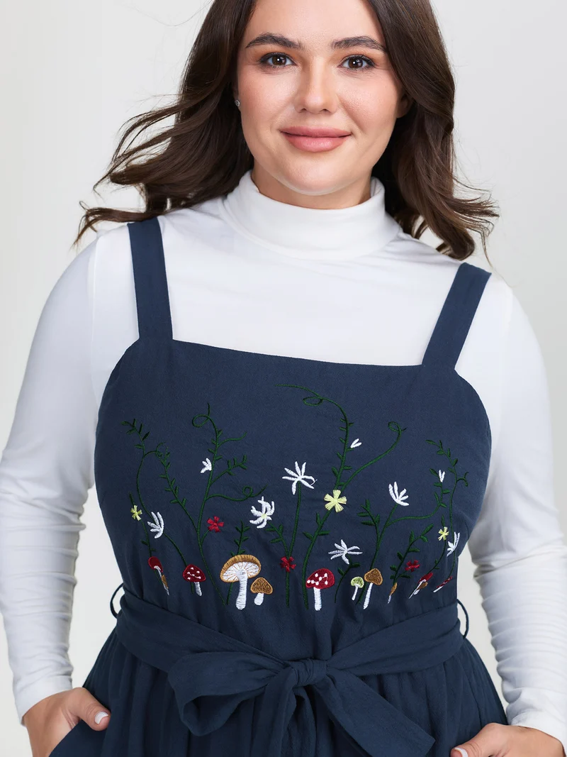 Cotton Garden Embroidery Belted Waist Midi Dress