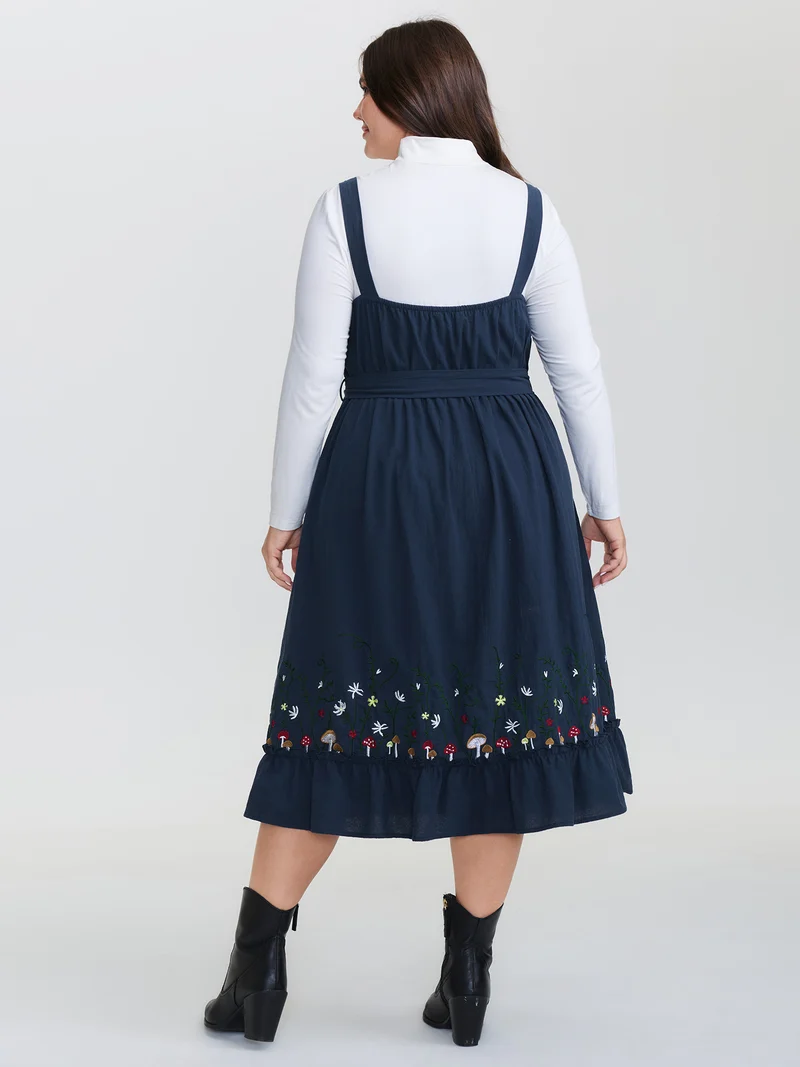 Cotton Garden Embroidery Belted Waist Midi Dress