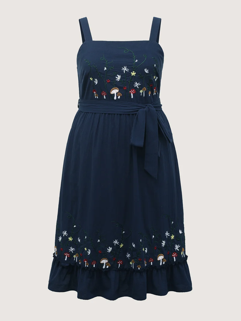 Cotton Garden Embroidery Belted Waist Midi Dress