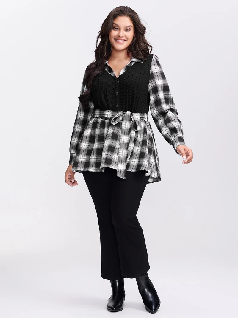 Checkered Faux-Layered Button Detail Blouse