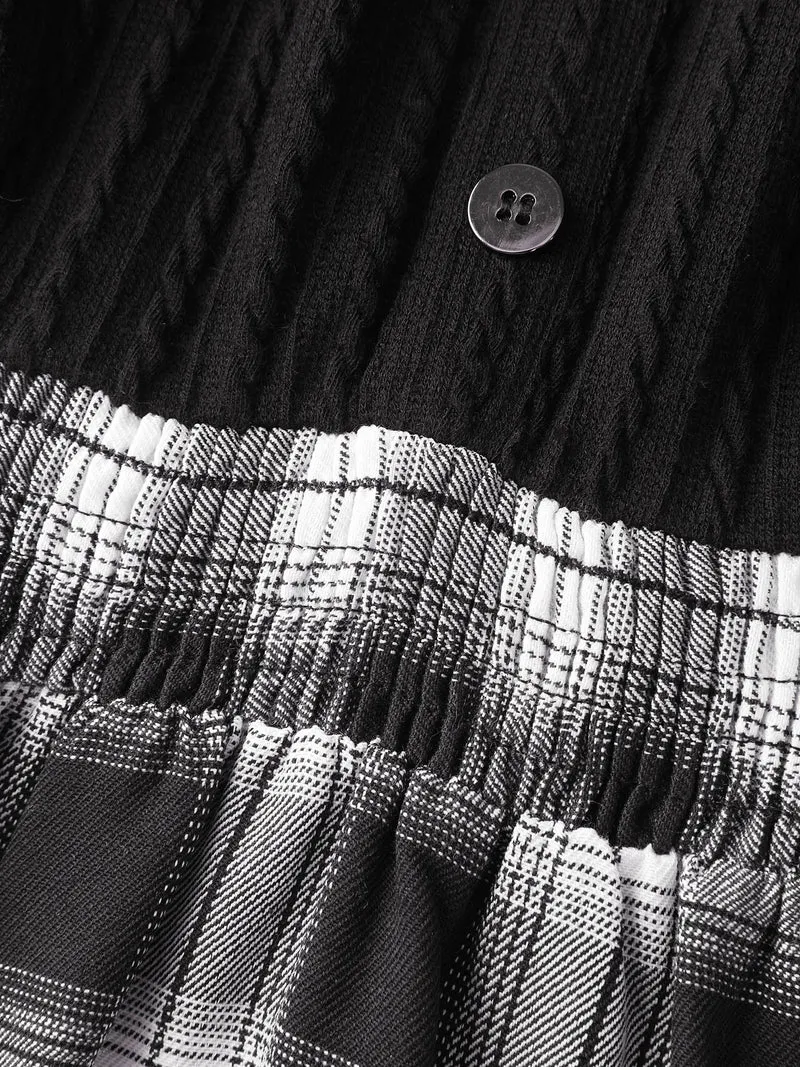 Checkered Faux-Layered Button Detail Blouse