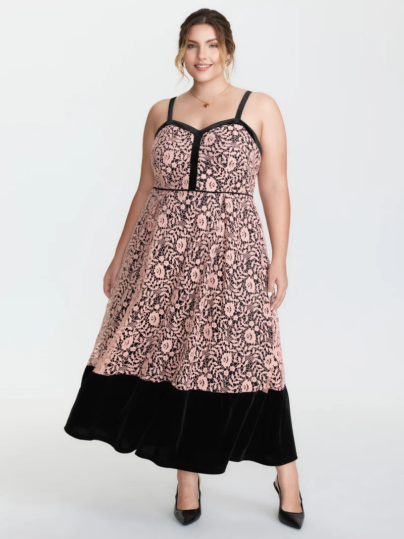 Floral Lace Trim Color Contrast Maxi Dress